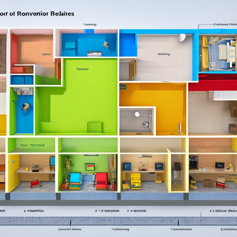 A floor plan with various renovation stages (demolition, framing, electrical, etc.) represented by different colored blocks, connected by a curved timeline with checkpoints and milestones.