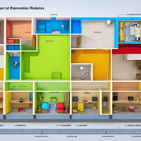 A floor plan with various renovation stages (demolition, framing, electrical, etc.) represented by different colored blocks, connected by a curved timeline with checkpoints and milestones.