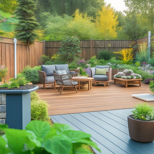 A serene backyard scene with a newly renovated deck featuring a mix of deck blocks, including concrete, plastic, and composite blocks, amidst lush greenery and a few outdoor furniture pieces.