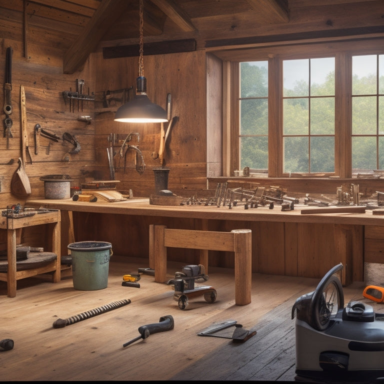 A well-organized workshop with a wooden workbench in the center, surrounded by various tools such as drills, hammers, and saws, with a subtle background of a renovated home under construction.