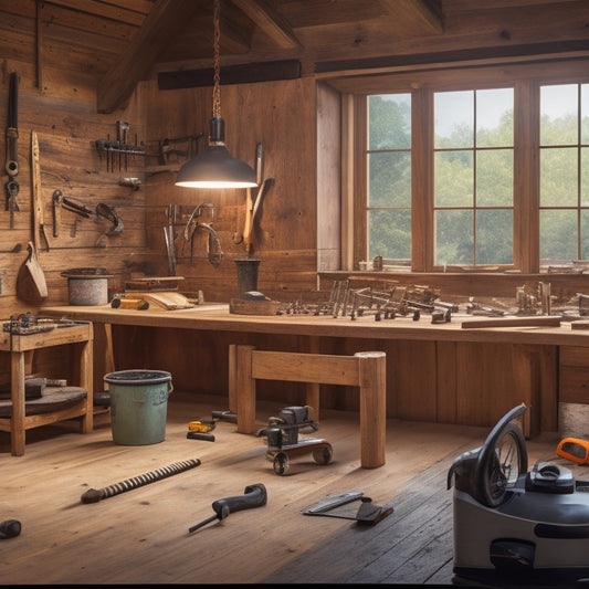 A well-organized workshop with a wooden workbench in the center, surrounded by various tools such as drills, hammers, and saws, with a subtle background of a renovated home under construction.