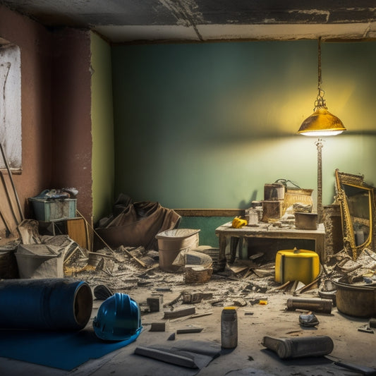 A cluttered, dimly lit room with torn wallpaper, exposed wiring, and a partially demolished wall, surrounded by scattered tools, broken tiles, and a lone hard hat, conveying chaos and disarray.
