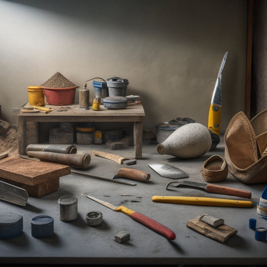 A cluttered but organized workshop background with various hand tools laid out, including a hammer, trowel, level, scraper, and utility knife, surrounded by concrete chunks and renovation materials.