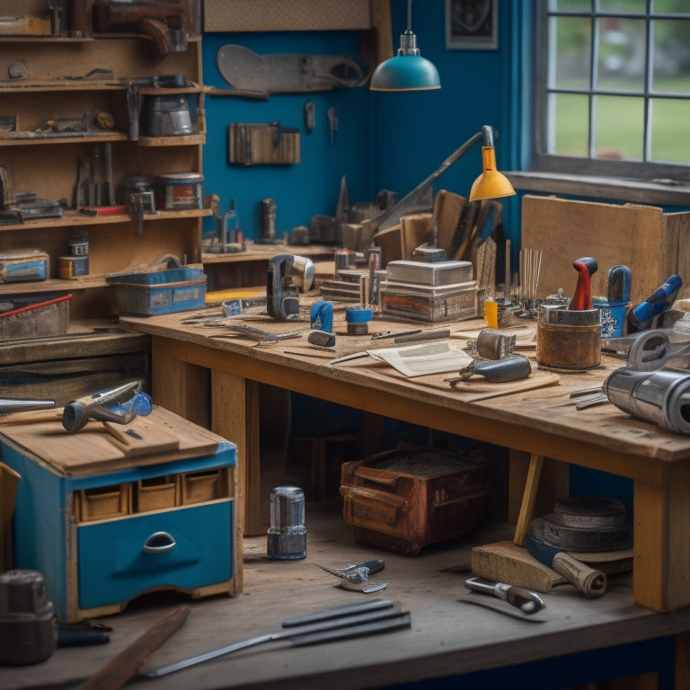 A cluttered workbench with a variety of affordable renovation tools, including a cordless drill, level, tape measure, and paintbrushes, surrounded by scattered blueprints and a miniature model of a house.
