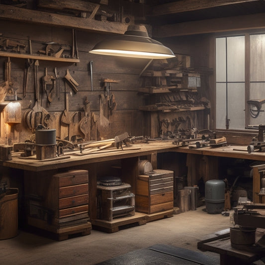 A cluttered workshop with a central saw station, surrounded by scattered woodworking tools, wooden planks, and half-cut lumber, with a spotlight shining on a sleek, modern saw with various attachments.