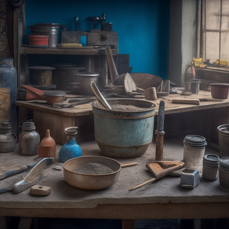A cluttered workshop table with a variety of cement mixing tools scattered across it, including a rusty mixing bucket, a worn trowel, and a few scattered mixing sticks.