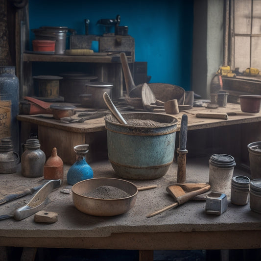 A cluttered workshop table with a variety of cement mixing tools scattered across it, including a rusty mixing bucket, a worn trowel, and a few scattered mixing sticks.