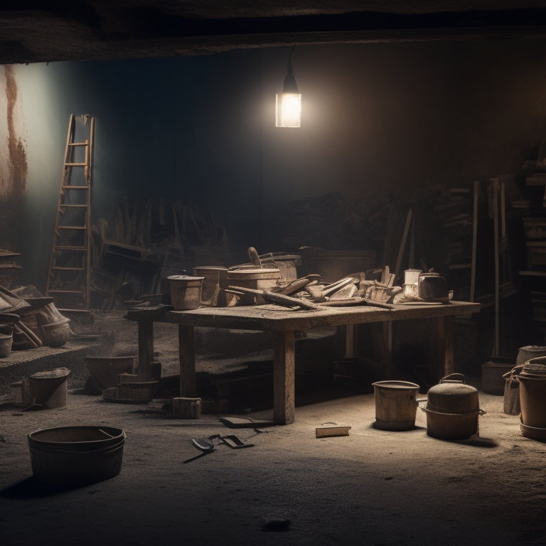 An image of a cluttered, dimly lit construction site with various trowel sets scattered around, amidst scattered tools and building materials, with a large, unfinished wall in the background.