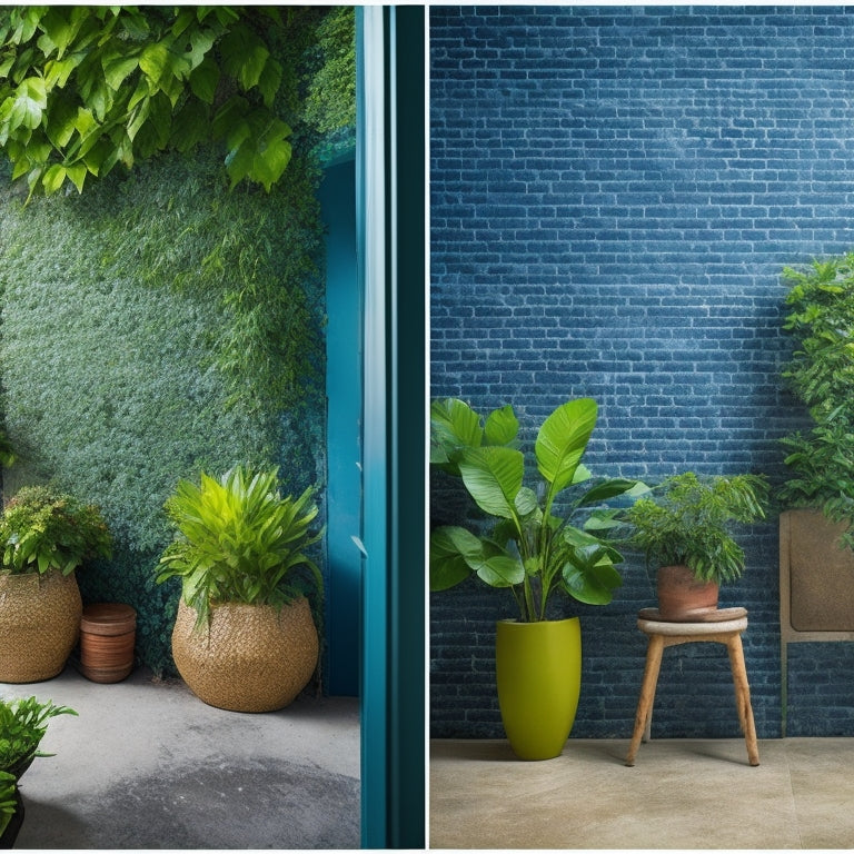 A before-and-after split-image of a dull, weathered cinder block wall (left) transformed into a vibrant, modern feature wall (right) with fresh paint, decorative tiles, and lush greenery.