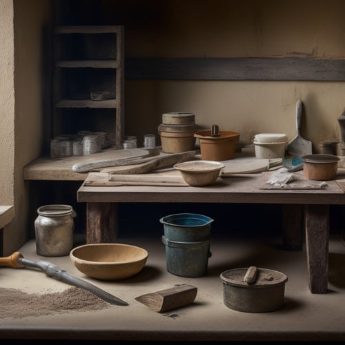 A shallow wooden workbench with five neatly arranged plastering tools: a hawk, trowel, joint knife, putty knife, and a small mixing bucket with a stirring rod, surrounded by scattered plaster and dust.