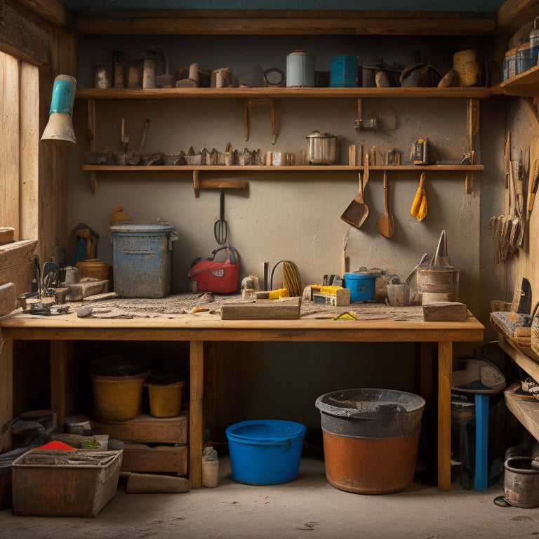 A tidy workshop with a variety of tools and equipment organized on shelves and hung on pegboards, including trowels, hawks, floats, sandpaper, and mixing buckets, surrounded by smooth, freshly plastered walls.