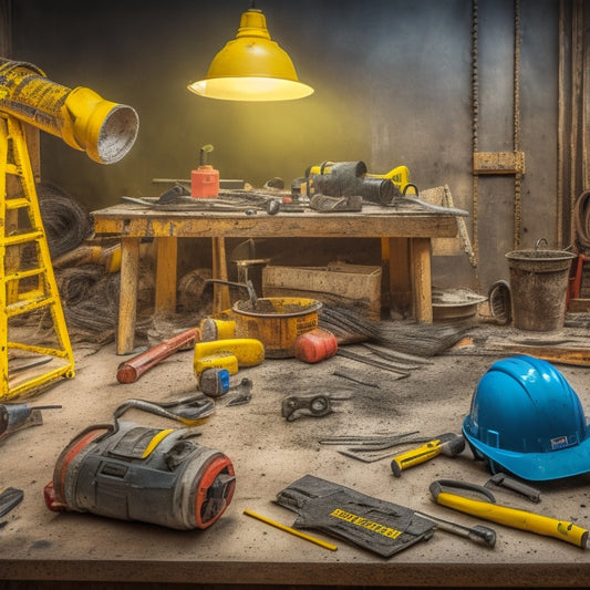A cluttered home renovation workshop with a drilling machine at its center, surrounded by scattered tools, wires, and construction materials, with a yellow hard hat and safety goggles lying nearby, amidst caution tape and warning signs.