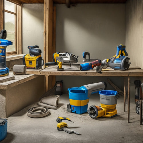 An organized workshop with a concrete mixing bucket, scattered power tools (circular saw, drill, impact driver, and grinder), and a partially renovated concrete wall in the background.