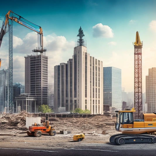 An illustration of a partially demolished wall with a city skyline in the background, surrounded by architectural plans, hard hats, and construction tools, with a subtle grid of regulatory symbols.