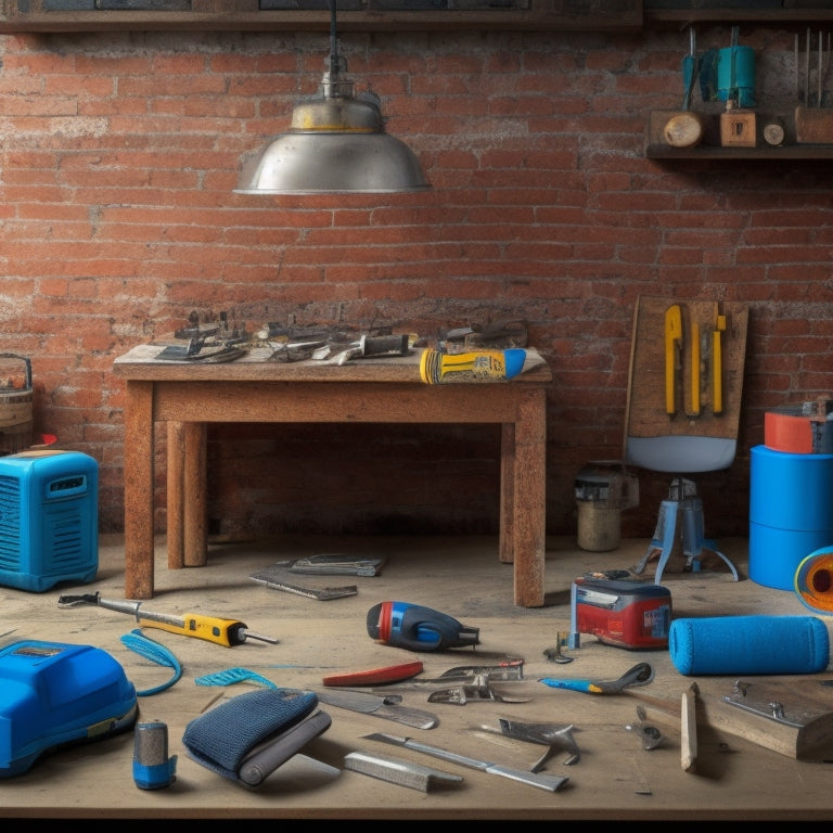 A cluttered workshop table with a partially disassembled brick wall backdrop, featuring a variety of tools like a cordless drill, level, tape measure, and safety goggles, amidst scattered blueprints and renovation plans.