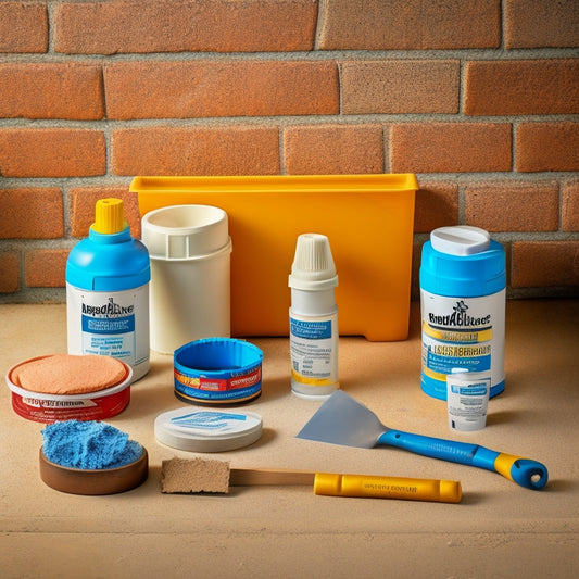 Image of various plaster hole fillers: tubs of joint compound, caulk tubes, putty knives, sanding blocks, and patches, on a renovation background with drill bits, sawdust, and wall texture.