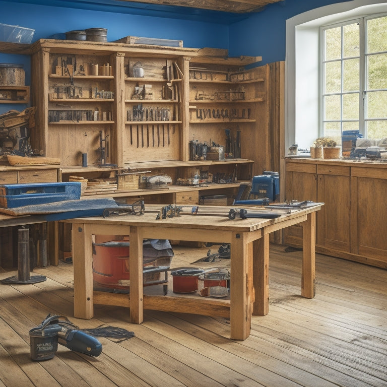A clean and organized workshop with various edging tools on a wooden workbench, including a router, edger, and scraper, alongside a partially renovated room with freshly edged floors and walls.