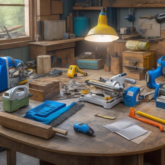 A cluttered but organized workshop table with a circular saw, drill press, and impact driver, surrounded by scattered blueprints, measuring tapes, and a level, with a faint background of a renovation site.
