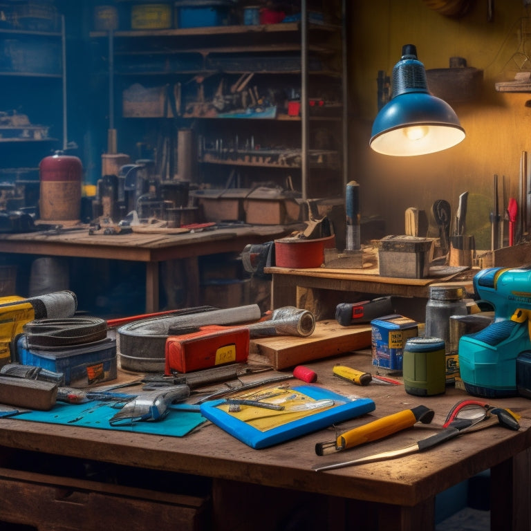 A cluttered workbench with a variety of tools and materials, including a cordless drill, level, tape measure, safety goggles, and a half-unwrapped roll of duct tape, with a partially renovated background.