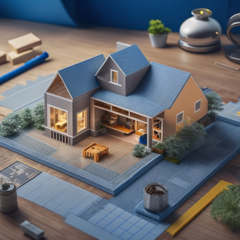 A blueprint of a house with a puzzle piece fitting into place, surrounded by scattered renovation plans, tools, and building blocks, with a subtle grid background and soft, warm lighting.