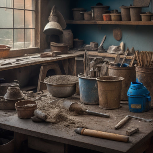 A cluttered workbench with various plastering tools, including a worn-out trowel, a rusty hawk, and a crumbly mixing bucket, surrounded by scattered plaster dust and debris, with a few new, shiny tools in the background.