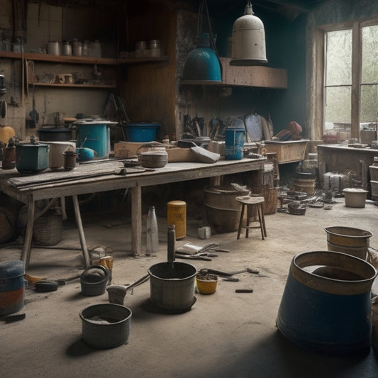 A cluttered workshop scene with a concrete floor in the background, surrounded by scattered tools and supplies, including a walk-behind saw, mixing buckets, trowels, and bags of cement and aggregate.