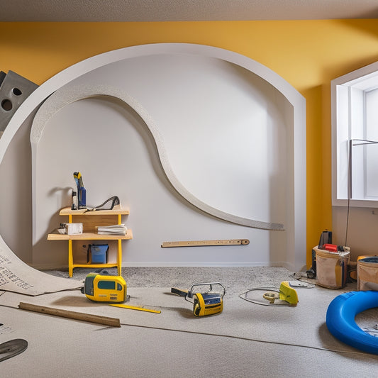 An image featuring a curved wall renovation in progress, with various unique tools scattered around, including a flexible drywall saw, a curved laser level, and a radius measuring tape, amidst partially installed drywall and exposed studs.