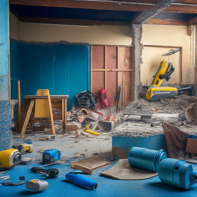 A cluttered renovation zone with a partially demolished block wall, surrounded by demo power tools like a jackhammer, rotary hammer, and reciprocating saw, with dust and debris scattered around.
