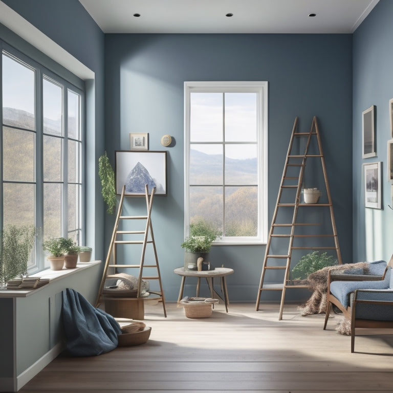 A serene, partially renovated living room with a ladder, paint swatches, and a calculator on a wooden floor, surrounded by half-painted walls and a large, open window with a scenic outdoor view.