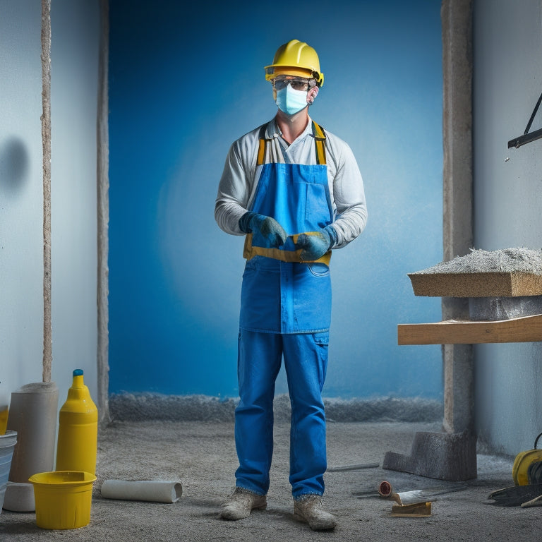 A person wearing a dust mask, safety goggles, and a hard hat, holding a putty knife and standing in front of a wall with a partially plastered surface, surrounded by renovation tools and materials.