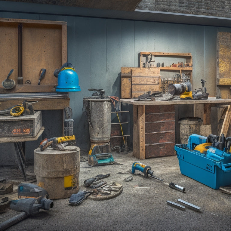 A cluttered workbench with a cordless drill, impact driver, and circular saw, surrounded by concrete mixing buckets, trowels, and a level, amidst a backdrop of exposed concrete walls and renovation debris.