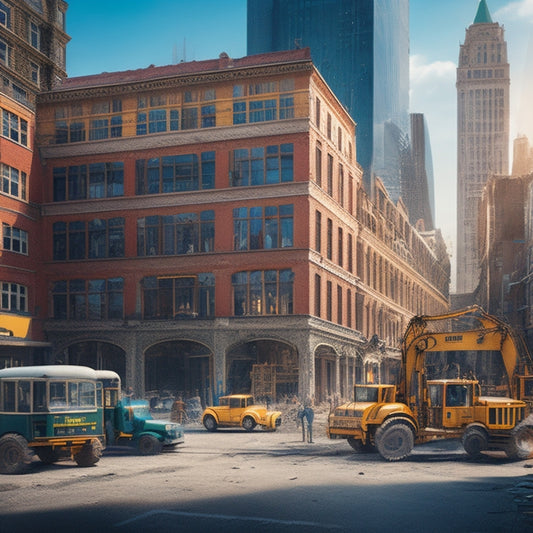 An illustration of a city block with multiple buildings under renovation, some with scaffolding, others with torn-off roofs, amidst a backdrop of construction vehicles and workers, with a subtle contrast between chaos and progress.