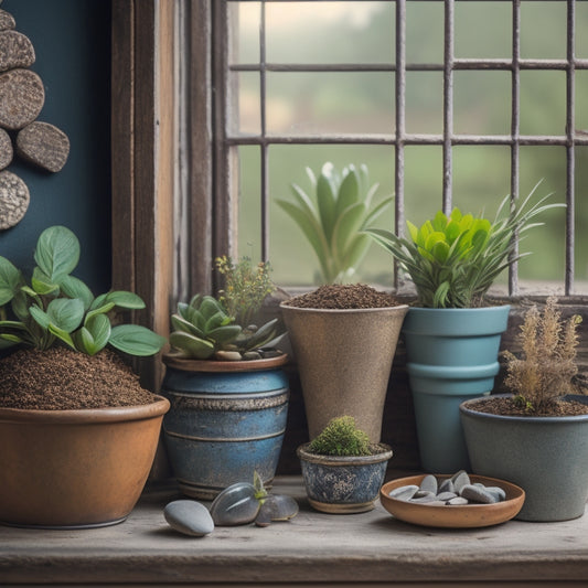 A whimsical still life featuring a vintage window converted into a planter, surrounded by potted plants, pebbles, and a few scattered blueprints, set against a distressed wooden background.
