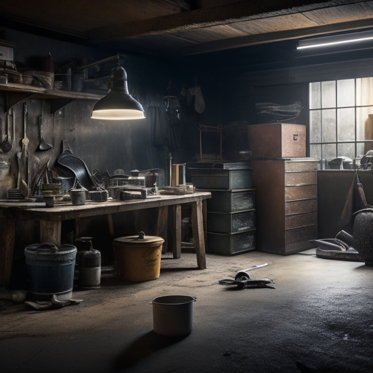 A cluttered, dimly lit garage with a cracked and stained cement floor, surrounded by renovation tools including a scraper, grinder, and trowel, with a hint of natural light in the background.