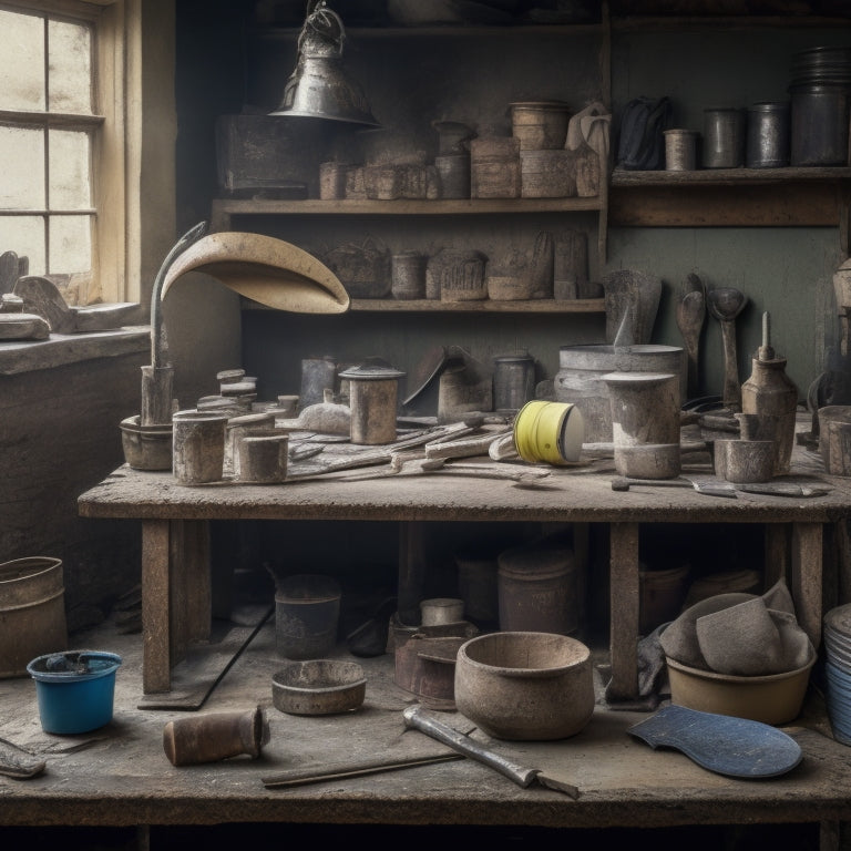 A cluttered workshop table with a mix of old and new lath and plaster renovation tools, including trowels, hammers, putty knives, and buckets, surrounded by scattered renovation plans and worn gloves.