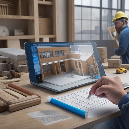 A 3D illustration of a person holding a tablet with a blueprint on the screen, surrounded by construction materials, tools, and a half-renovated room with blocks and measurements in the background.