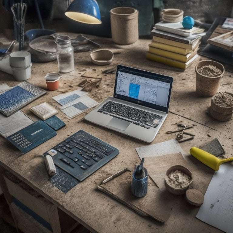 A cluttered desk with a laptop, calculator, and scattered papers, surrounded by renovation tools like a level, trowel, and buckets of plaster, with a partially completed spreadsheet on the laptop screen.