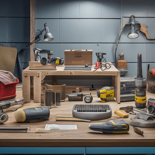 A tidy, well-organized workspace with a variety of high-quality tools, including a cordless drill, level, and tape measure, arranged on a wooden workbench against a clean, white background.