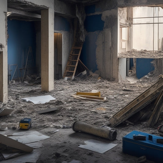 A messy construction site with scattered blueprints, measuring tapes, and calculators, surrounded by half-demolished walls, exposed wiring, and debris, with a faint blueprint of a renovated room in the background.