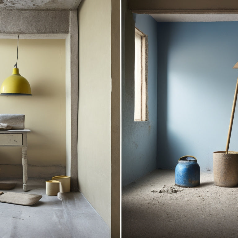 A split-screen image featuring a messy, unevenly plastered wall on the left, and a smooth, perfectly finished wall on the right, with three to five various trowels lying on the floor in between.