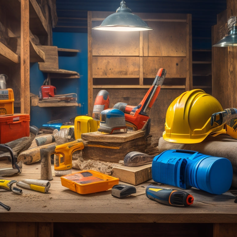 A cluttered renovation site with a mix of power tools, lumber, and building materials, featuring a prominent hard hat, safety glasses, earplugs, gloves, and a first aid kit in the foreground.