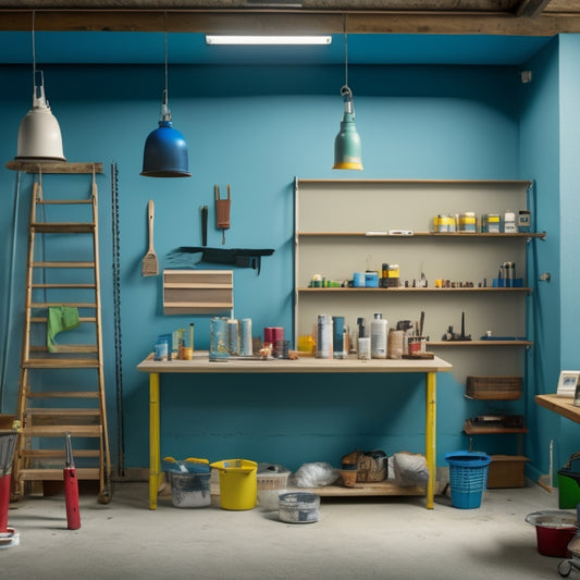 A clutter-free workshop with a single, freshly painted wall as the backdrop, featuring a neatly organized array of renovation tools, including a roller extension pole, paint tray, and various brushes.