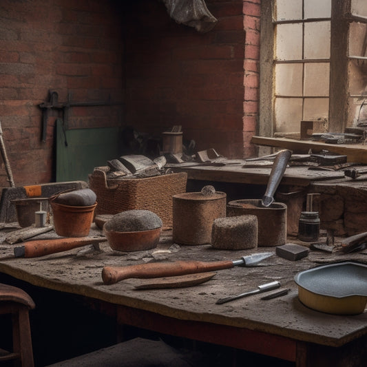 A cluttered workbench with a variety of used masonry tools, including a worn trowel, a rusty level, and a chipped hammer, surrounded by scattered brick fragments and dusty work gloves.