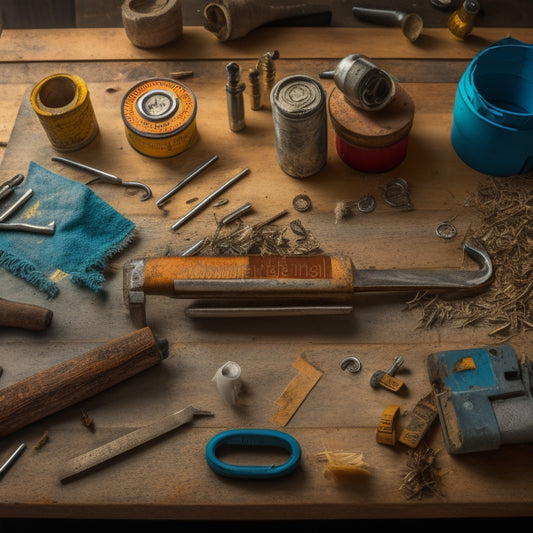 A cluttered workshop table with a variety of DIY tools, including a rusty wrench, a hammer, and a tape measure, surrounded by scattered screws, nails, and wood shavings, with a faint blueprints background.