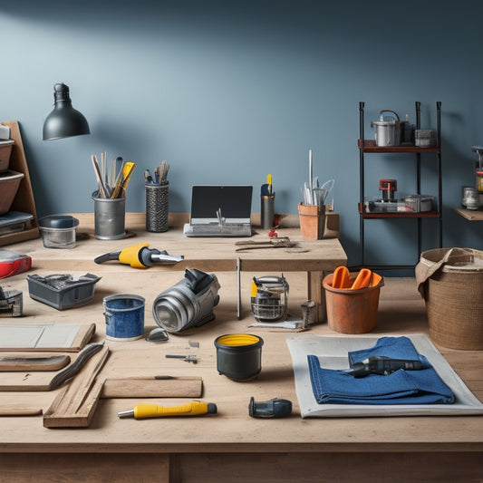 A clutter-free, well-organized workspace with a variety of mixing tools, including a cordless drill, mixing buckets, and a putty knife, arranged on a wooden table against a clean, light-gray background.