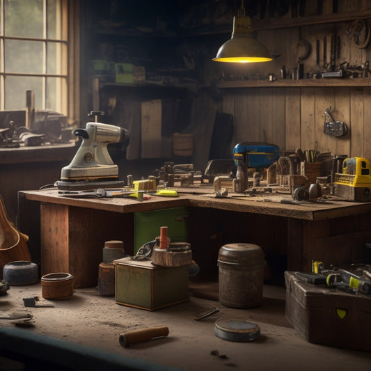 A cluttered workshop background with a mix of worn-out and new leveling tools scattered on a wooden workbench, with a prominent, shiny new spirit level standing upright in the center.