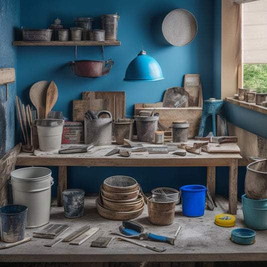 A cluttered but organized DIY workspace with various budget-friendly plastering tools, including a mix of handheld trowels, putty knives, and a bucket of mixed plaster, surrounded by renovation materials.