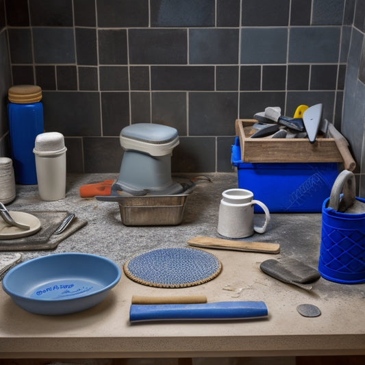 A cluttered workshop table with various grouting tools laid out, including a grout float, grout saw, grout scraper, and grout mixer, surrounded by grout buckets, tiles, and a partially grouted tile wall in the background.