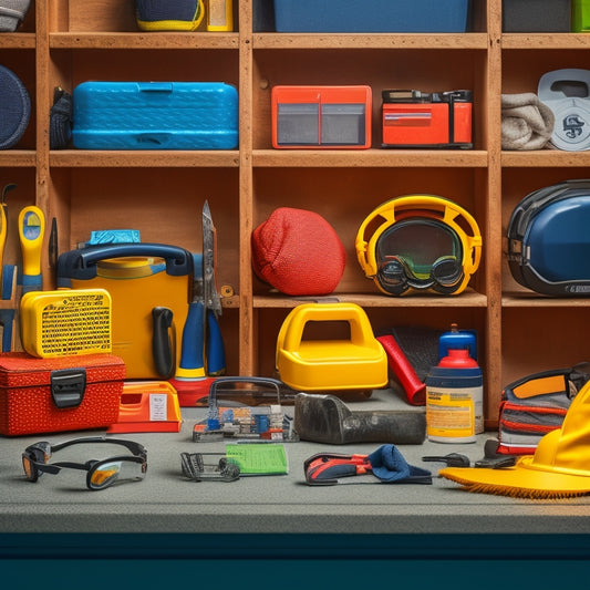 An organized workshop with a pegboard holding various safety gear, including goggles, ear protection, and a first-aid kit, alongside a toolbox containing a tape measure, level, and hammer.