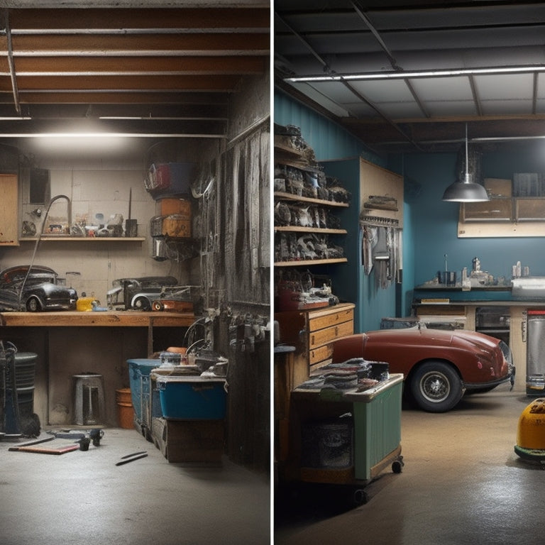 A split-screen illustration featuring a cluttered, worn-down block garage on one side and a renovated, organized space with sleek tools and equipment on the other, with a subtle timeline arc connecting both scenes.